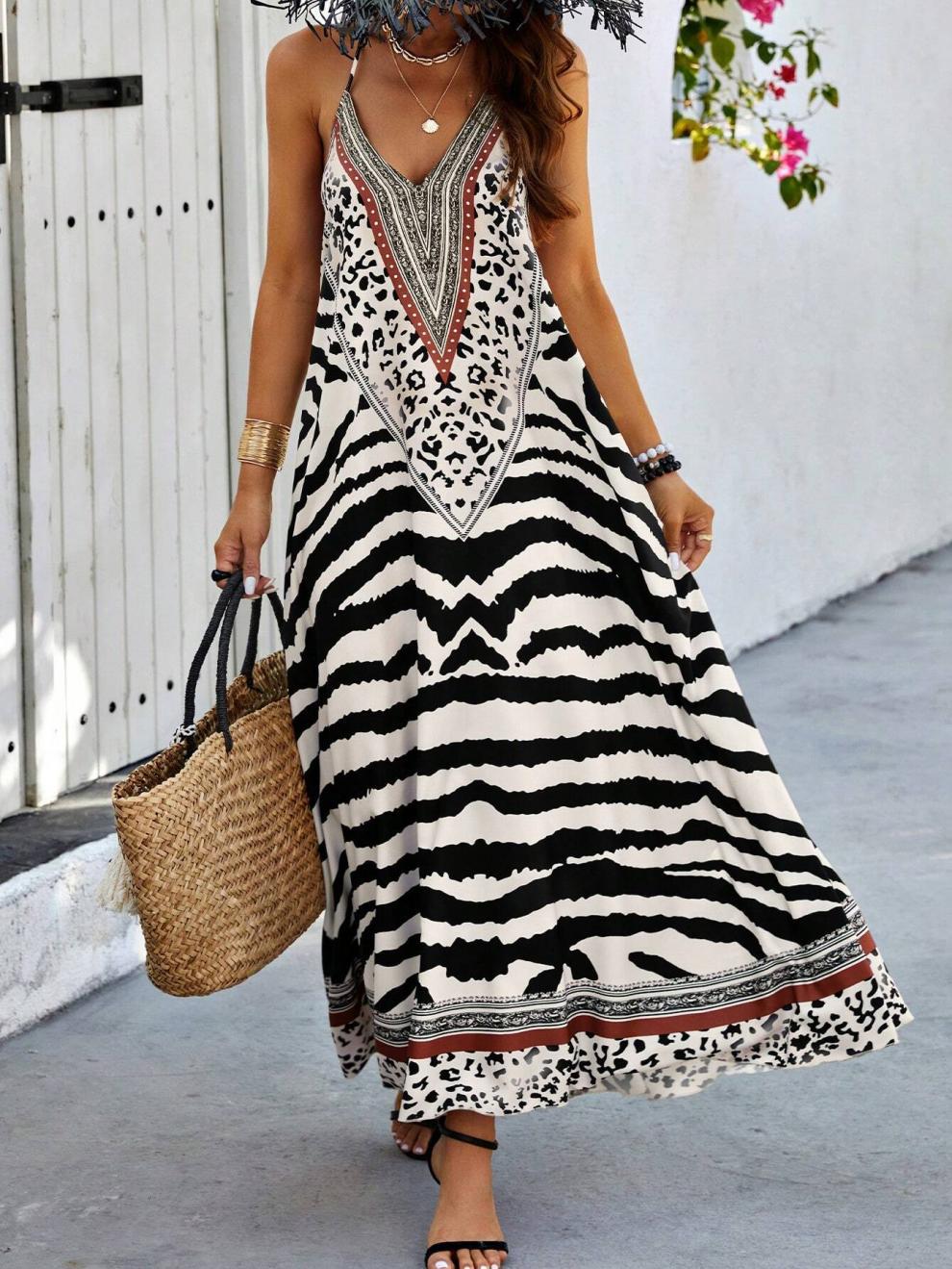 Strap Dress Dresses Type Wholesale Women's Streetwear Zebra Holiday Halter Neck Sleeveless Strap Dress