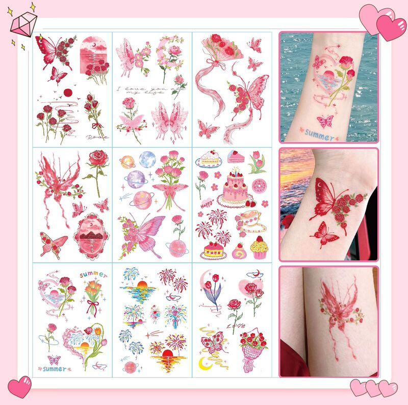 Sunset Rose Sea Oil Painting Pink Butterfly Rose Tattoo Decal Flower Moon Girl's Poem Girl's Fresh Tattoo Sticker