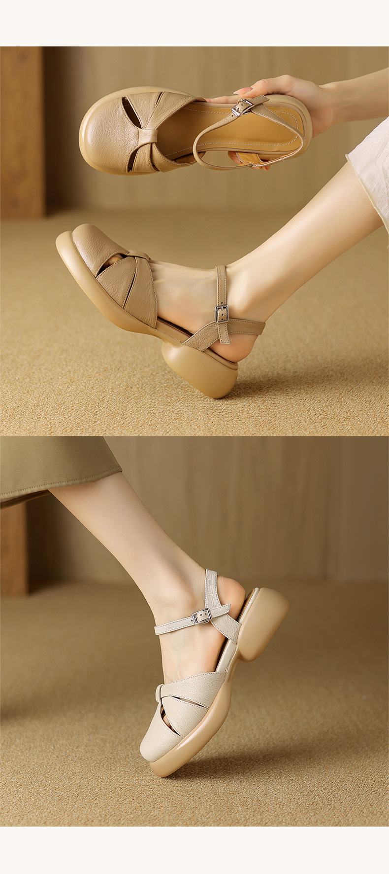 Sandal nữ bít mũi quai ngang da cừu đế dày — Màu trắng be chi tiết 9