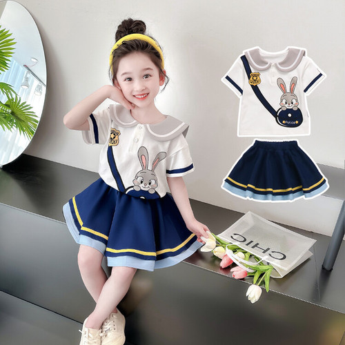 2024 Girls' Set Dress Fashionable and Stylish Primary School Uniform Two-Piece Set Children's Baby Summer Outfit College Style