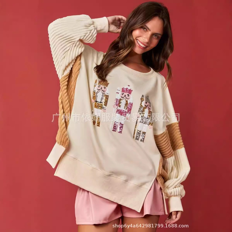 アマゾンの秋冬の新しいヨーロッパとアメリカの服クリスマス兵士スパンコールトップ多用途カラーブロックスウェットシャツ女性用|undefined