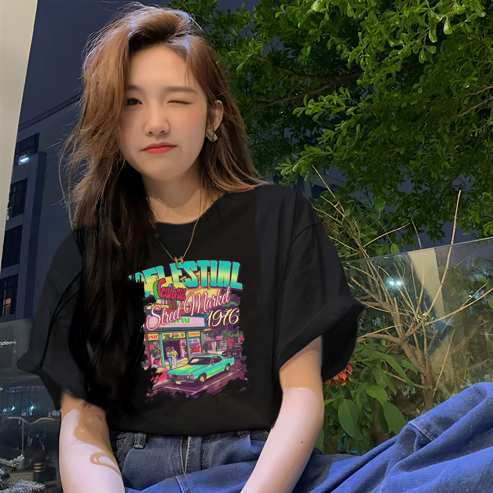 新款纯棉女装短袖T恤 街头潮流复古ins印花黑白圆领宽松上衣供货