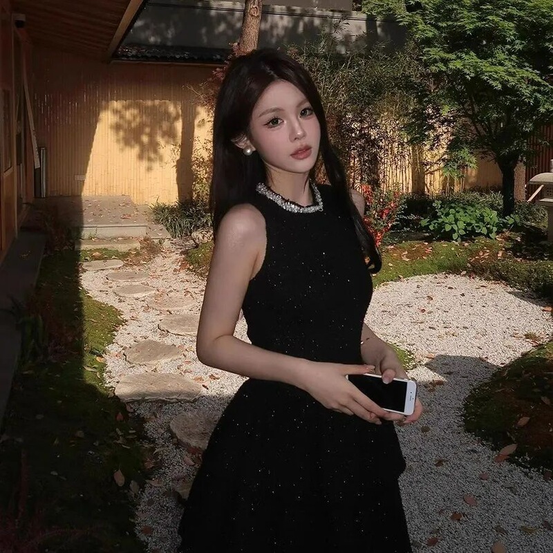 New Style of Beautiful Hot Girl Waist Dress Women's French Style Elegant Little Black Dress Birthday Dress Short Skirt