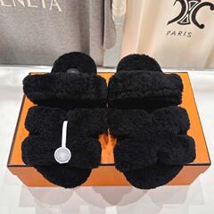 广州原标专柜品质欧美大牌真皮女鞋羊皮毛一体H二舅拖鞋外穿棉拖