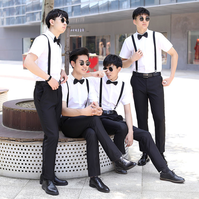 Verano mejor hombre traje hermanos traje Grupo más tamaño novio boda ropa manga corta Camisa blanca Correa estilo occidental traje