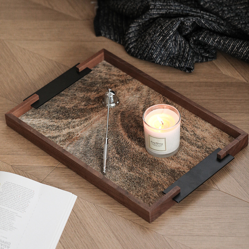 胡桃木长方形托盘香薰蜡烛置物盘客厅玄关收纳托盘马毛装饰品托盘