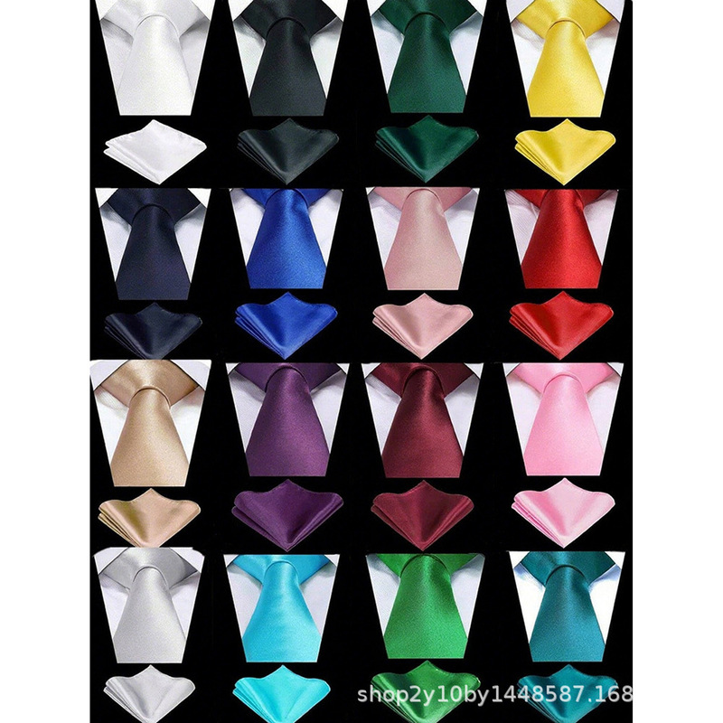 Men's Glossy Tie Set Pure Color Tie + Square Scarf Groom Wedding Wear Casual Formal Wear Multi-Color