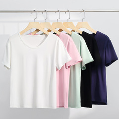 モーダル純色vネック半袖tシャツ女性夏2025新型怠惰でゆったりしたカジュアル半袖上着のファッション