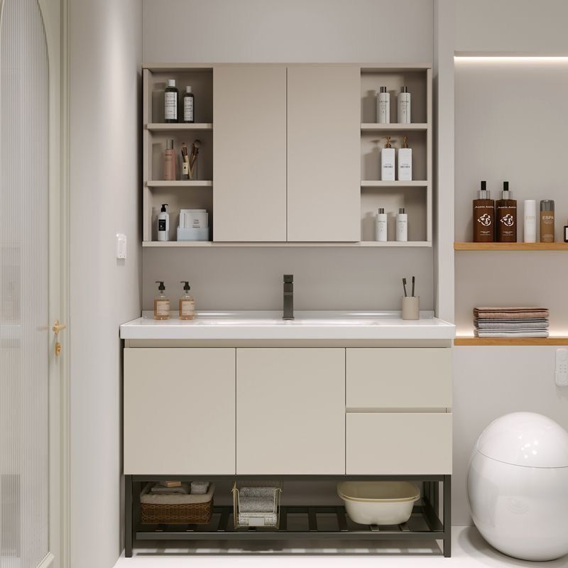 Cream-Colored Bathroom Vanity Cabinet with Integrated Ceramic Basin, Folding Mirror Cabinet, and Large Washbasin