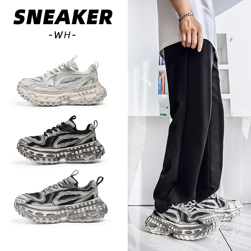 Zapatos de hombre, malla de primavera y verano, transpirable y versátil, deportes juveniles, correr, la parte inferior del neumático aumenta los zapatos casuales de moda de papá negro