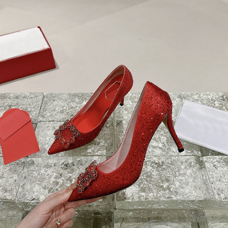 2024 New R Brand High-Heeled Pointed Shallow Mouth Women's Shoes with Sparkling Diamond Flower High Heels Women's Fashion Shoes