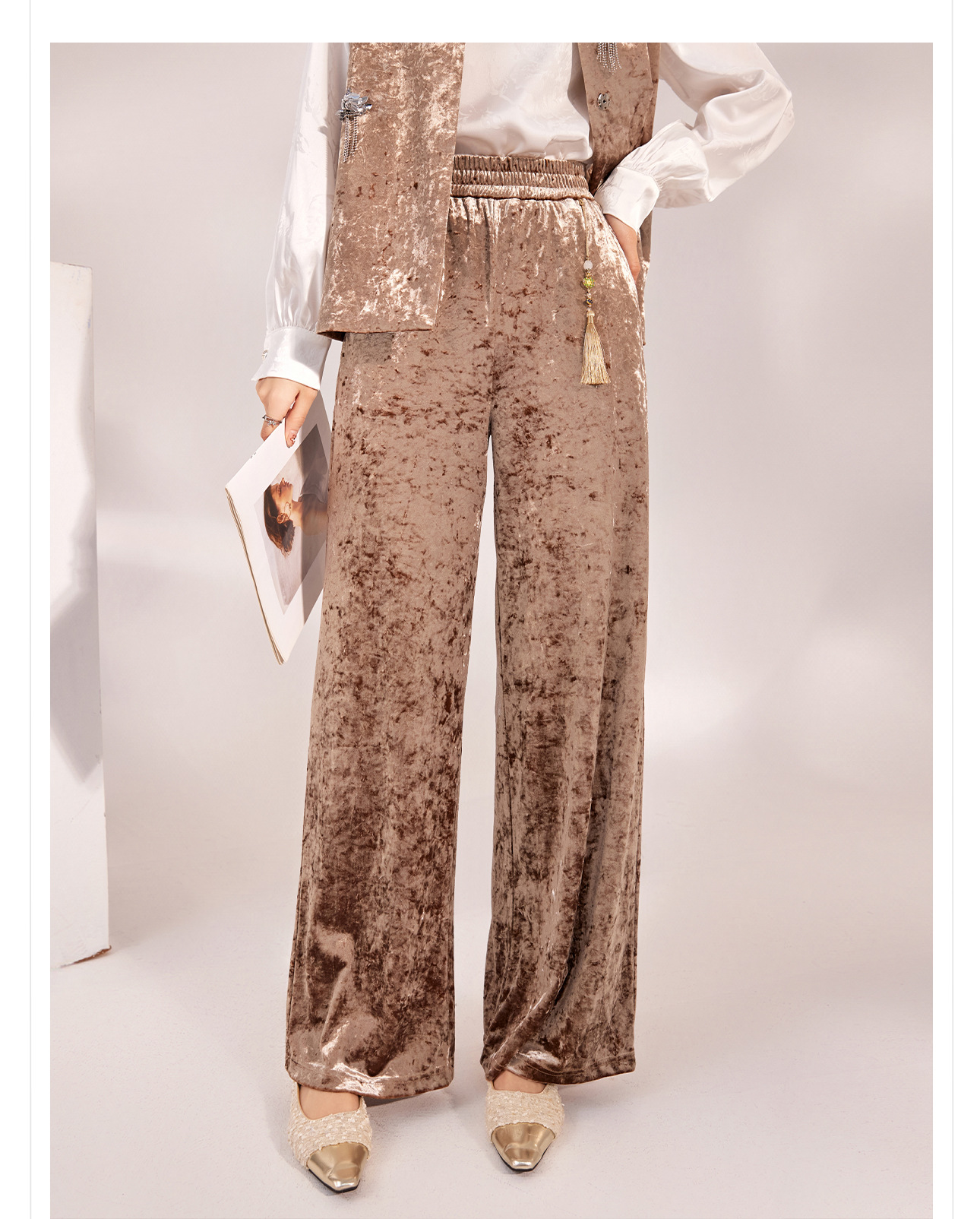 Quần ống rộng nhung lụa kiểu Trung Quốc mới, jacquard màu trơn, phong cách văn nghệ — Màu đen, Màu vàng, Màu hồng, Màu mơ chi tiết 10