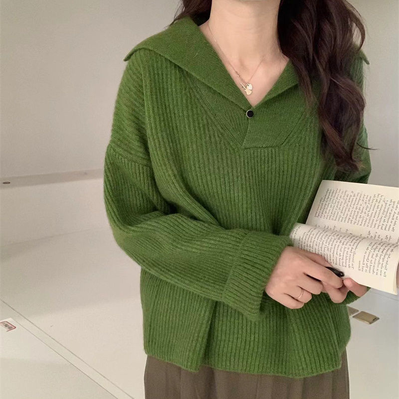Poloシャツの襟をめくってニットのセーターのプルオーバーの新型の秋冬の女性のvネックのデザイン感の小さい大衆のゆったりしている怠惰な上着|undefined