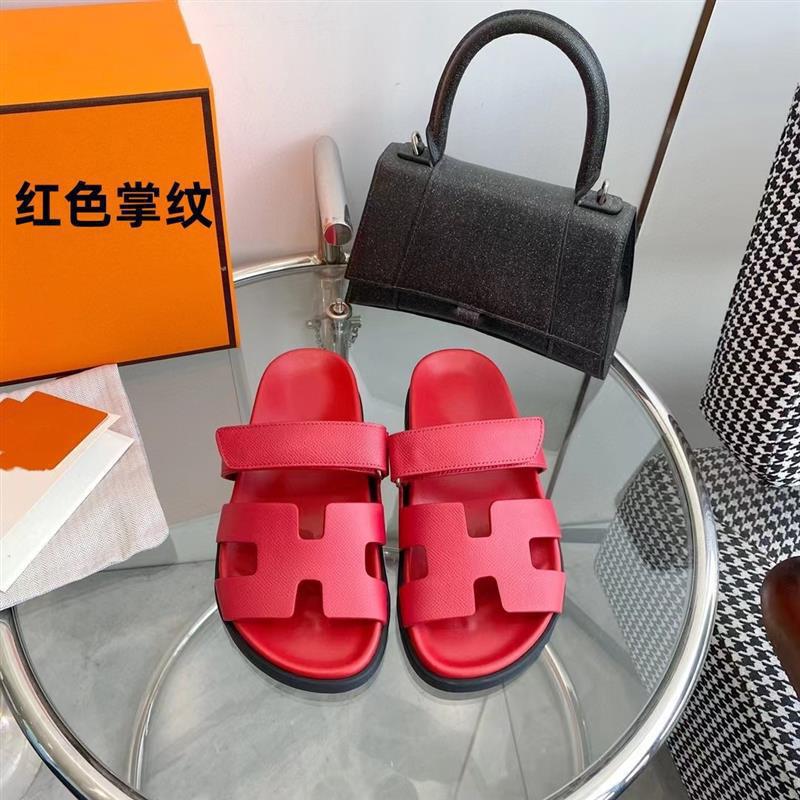 女性用の高品質の二級サンダル、ビーチ用の第一層牛革ベルクロスリッポン、男性用のフラットビッグブランドスリッパ|undefined