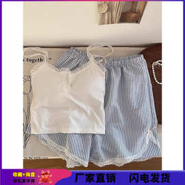 性感纯欲风带胸垫蕾丝吊带夏天睡衣女款韩版风条纹短裤家居服套装