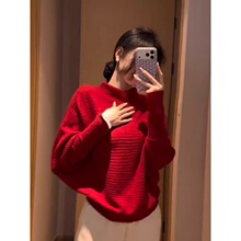 巨好看新年红色半高领蝙蝠袖毛衣女秋冬高级感宽松软糯针织衫上衣
