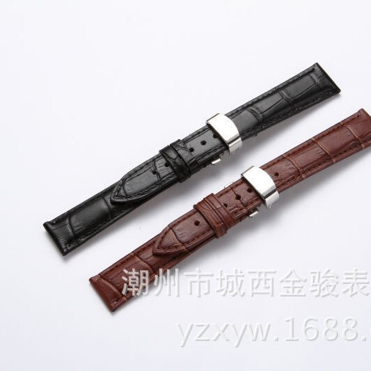 Genuine Leather Top-Layer Strap with Stainless Steel Double-Release Butterfly Clasp Watch Accessories Solid Gold Jun Brand Unisex Jun Watch Strap