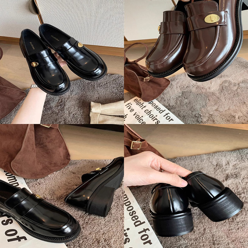 Grape Mom Same Style Cowhide Version ~ Versatile Round Toe Small Gold Buckle Slip-On Chunky Heel Loafers For Women In_voghion.com