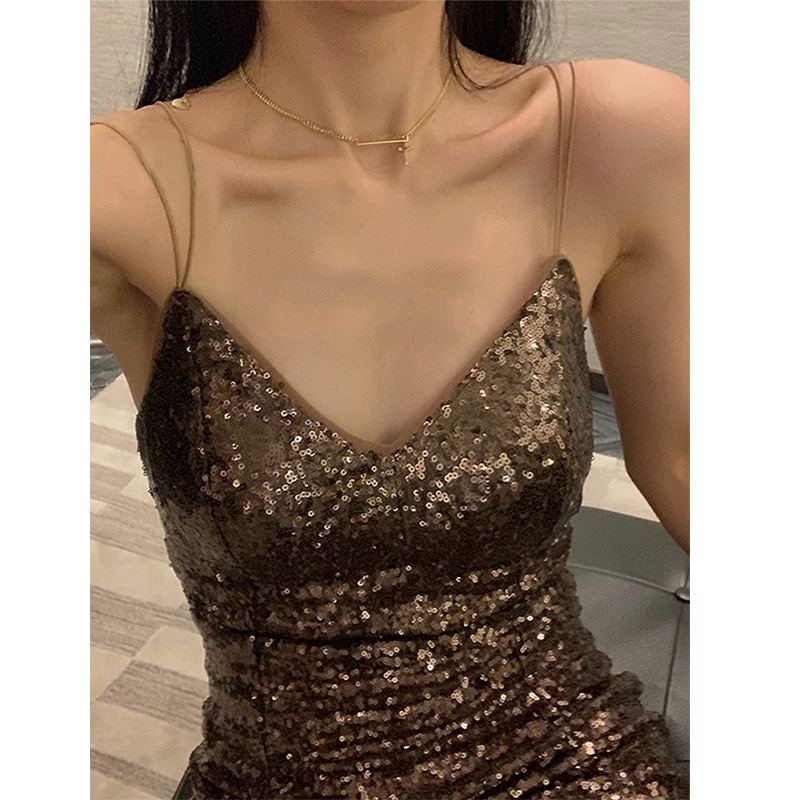 Concave and Convex Curve European and American Style Sexy Sequined Suspender Dress Slimming Look Hip Skirt Party Dress Without Breast Pads
