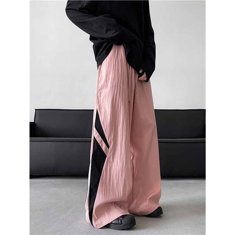 Summer Thin Quick-Dry Parachute Pants for Men, Trendy Brand Loose Color-Blocking Splicing Youth Straight Wide-Leg Casual Long Pants