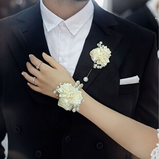 Cross-Border Korean Style Bride and Bridesmaid Wrist Corsage Pearl Ribbon Rose Men's Suit Brooch Multi-Color Factory Direct Sale