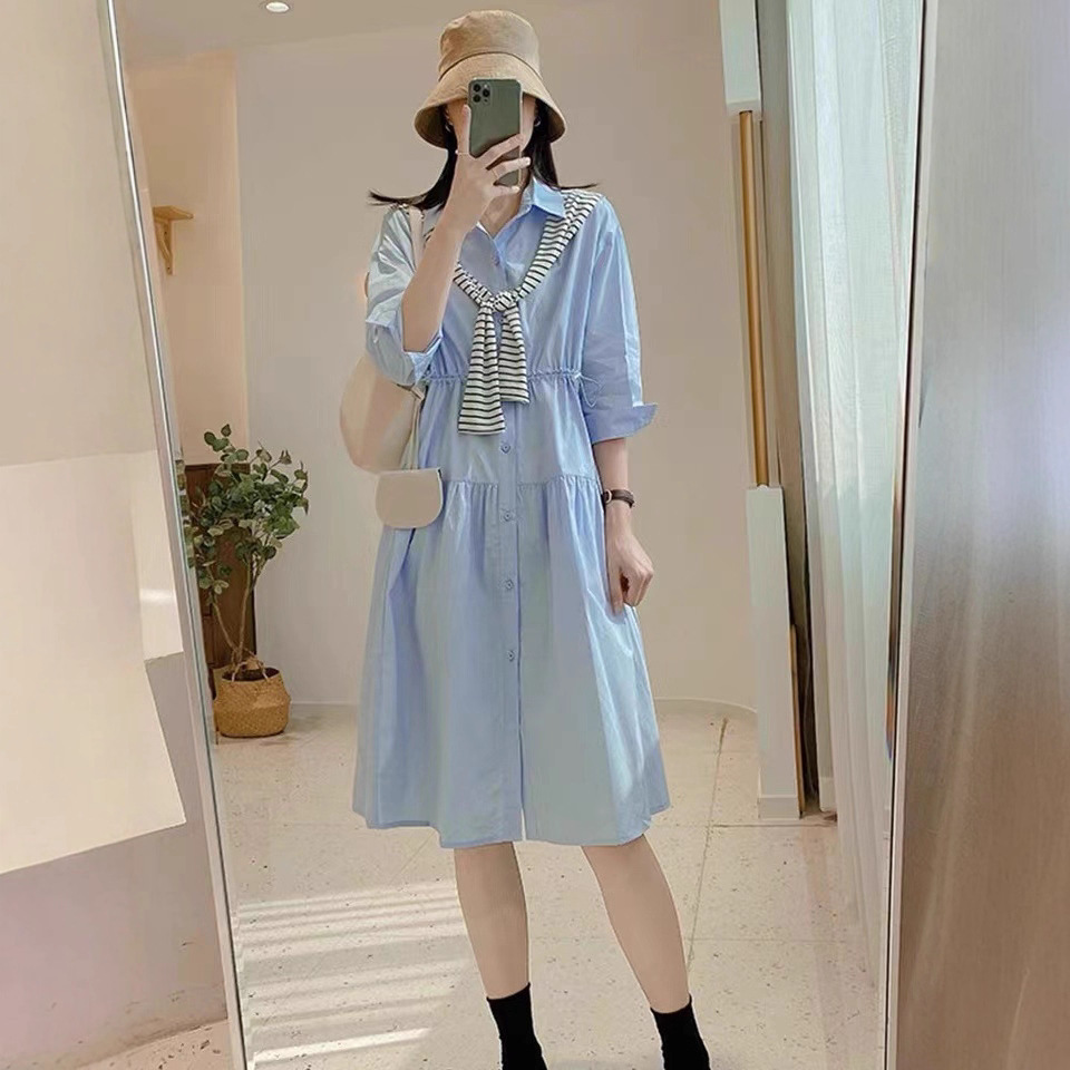 Váy liền áo sơ mi nữ kiểu Pháp cổ điển thiết kế sang trọng mùa hè — Màu xanh lam