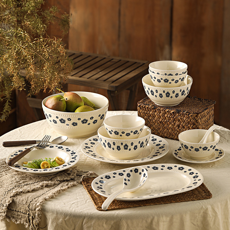 Retro Bead Dot Blue Cherry Blossom Ceramic Tableware Small Fresh Household High-Value Rice Bowl and Dish Niche Bowl and Plate Set