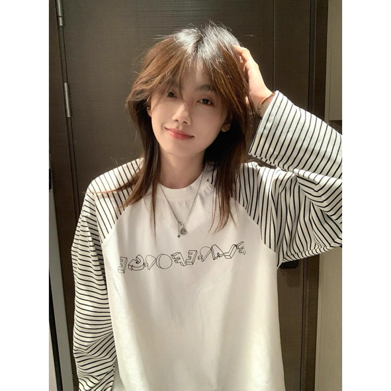 아메리칸 레트로 컬리지 스타일 스트라이프 배색 긴팔 티셔츠 여성용 가을 루즈핏 레이지 스타일 다용도 베이스 레이어 상의