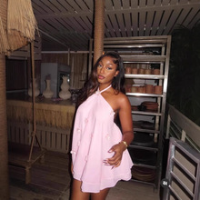 2025外贸3D花朵挂脖雪纺迷你连衣裙3d flower chiffon miin dress