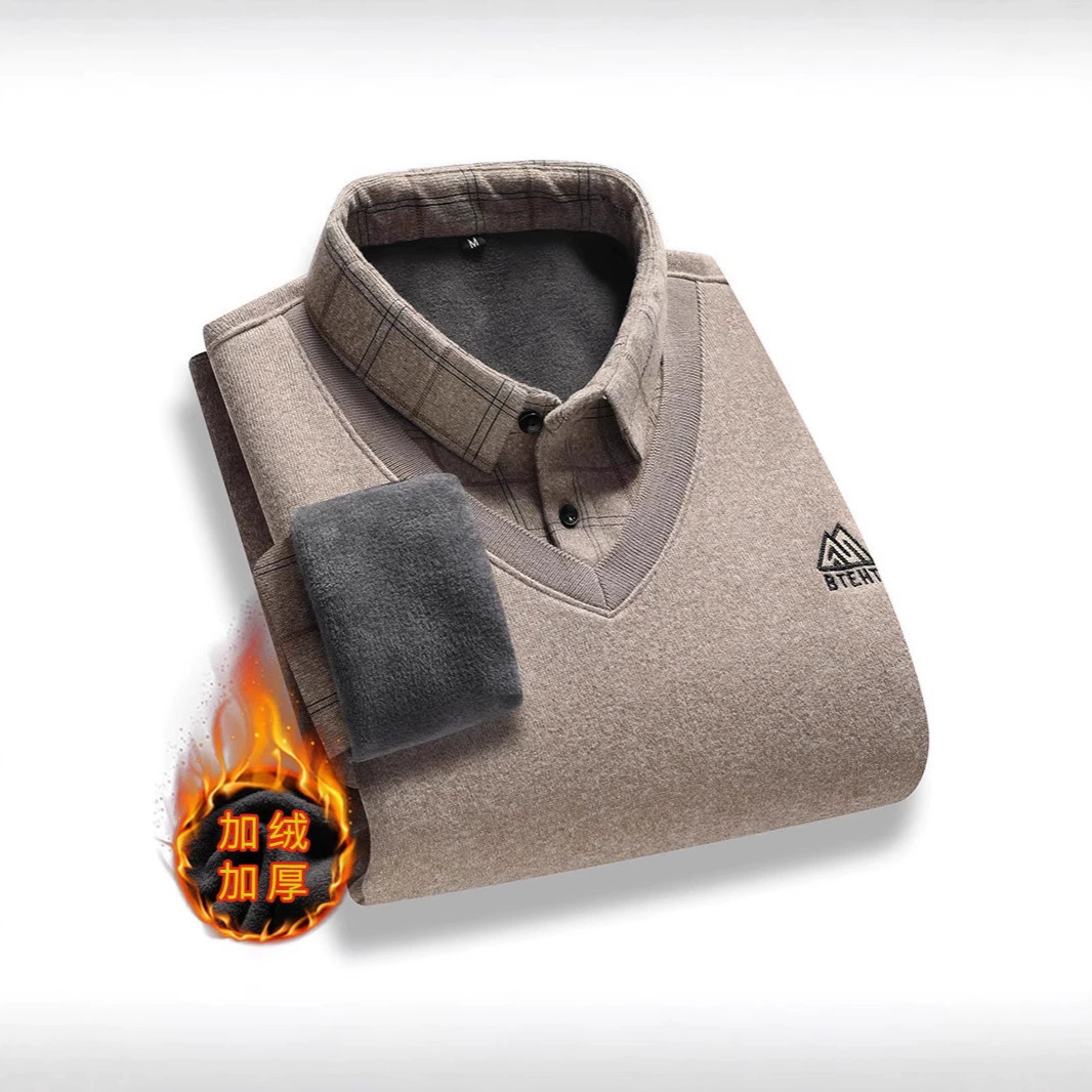 2024 осень и зима мужские поддельные два трикотажные дикие рубашки воротник бархатный свитер куртка мужской повседневный свитер прилив