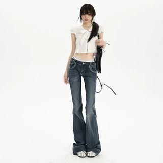 美式低腰微喇牛仔裤女2025秋季新款辣妹修身显瘦喇叭马蹄拖地裤子