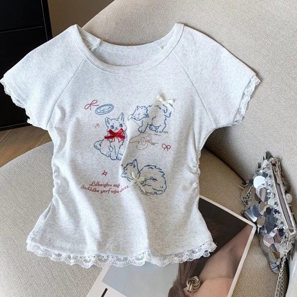 甜美风可爱小猫蕾丝短袖T恤女夏季纯欲修身显瘦时尚短款上衣chic|undefined