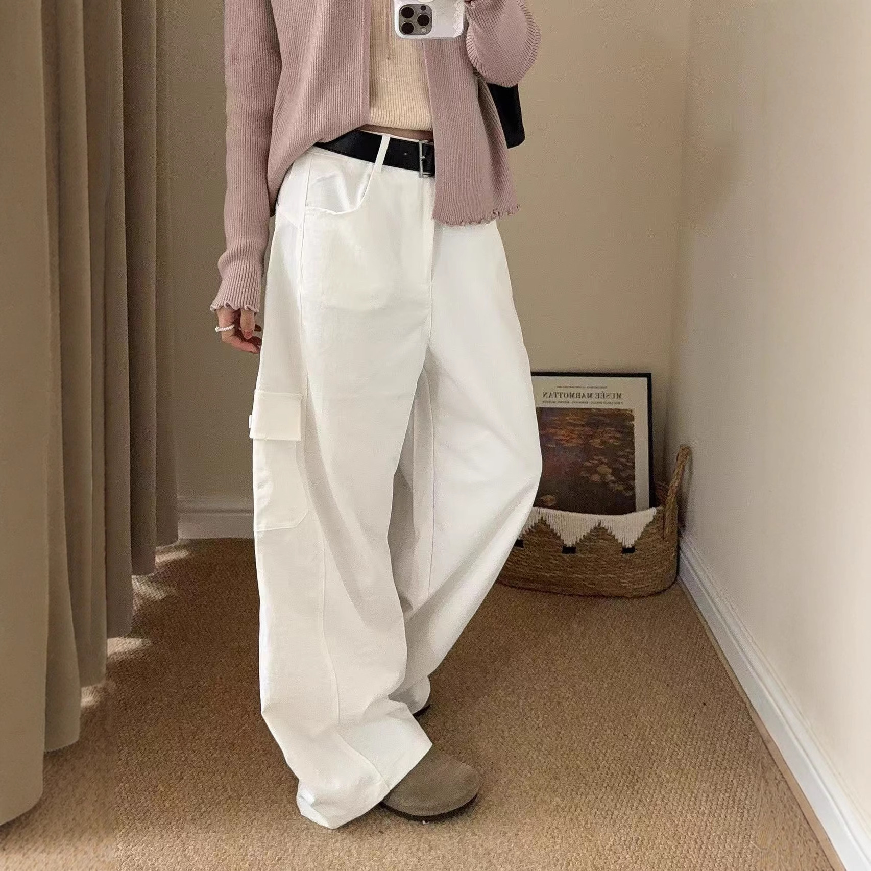 Korean Custom Washed Cotton Workwear Casual Pants for Women, Autumn New Loose Versatile Slimming Large Pocket Wide-Leg Trousers