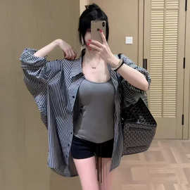 撞色条纹叠穿外搭衬衫防晒衬衫外套女2026春季韩系宽松衬衣女长袖
