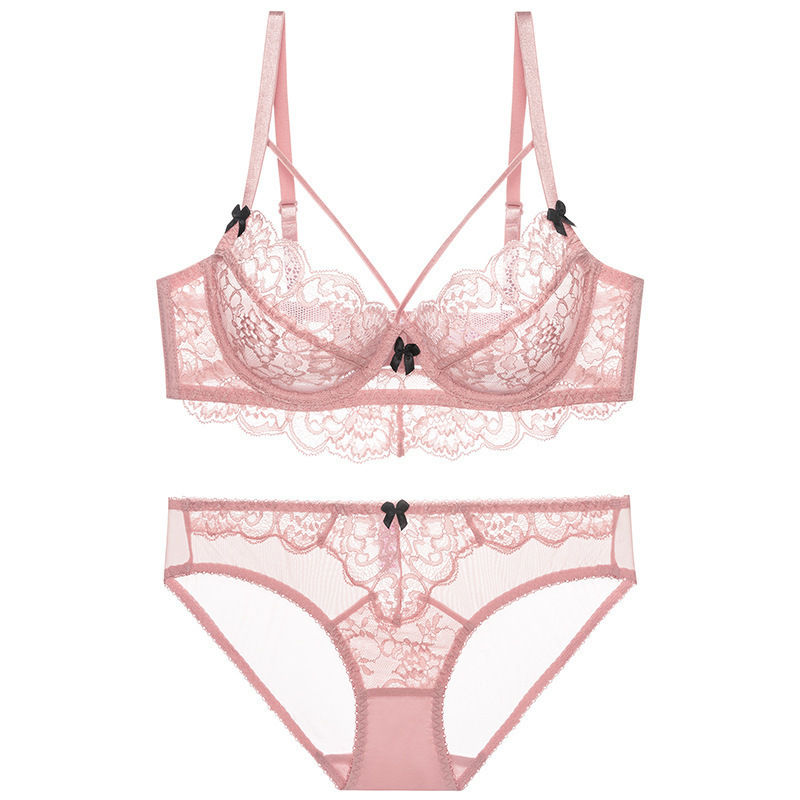 Cross-border Sexy Lace Underwear French Ultra-thin Perspective Contrast Color plus size Underwear Large Chest Small Anti-sagging Bra