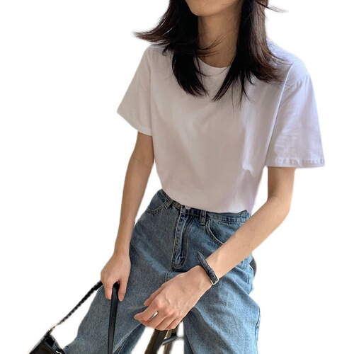 Pure cotton white short-sleeved T-shirt for women, summer top with round neck, Instagram-style trendy innerwear, Korean-style base layer, outerwear, heavyweight, wholesale, spliced design.