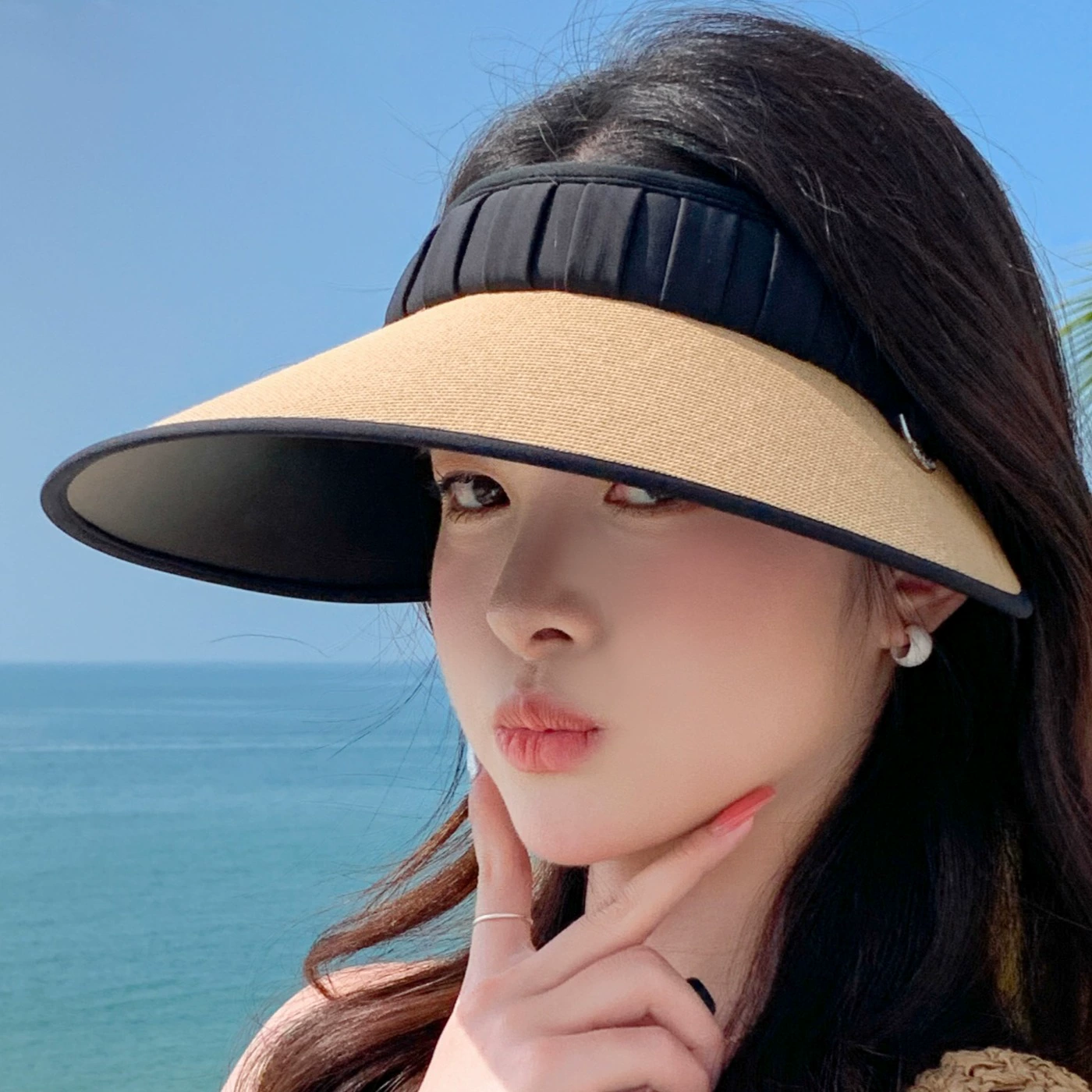 Miss Koi Travel: соломенная шляпа UV-защита, 56-58 см, цвета хаки/черный, хаки кант, бежевый край рис