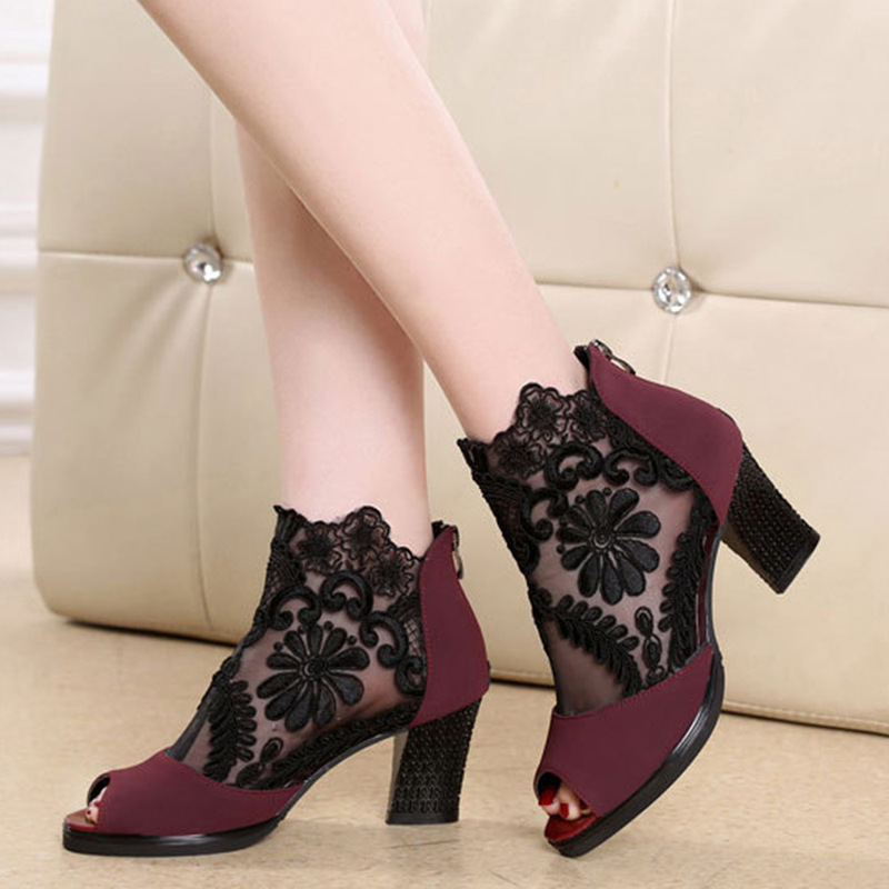 Cross-border supply Amazon ebay plus size mesh high heels chunky heel lace peep toe women's shoes sandals 43