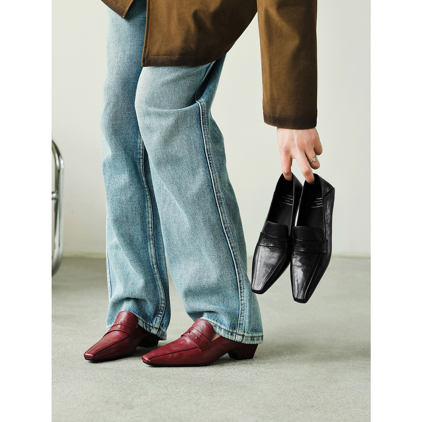 Casual Streetwear 4cm Burgundy Women's Shoes, Small Square Toe Deep-Cut Slip-On Loafers with Chunky Heel, Professional Shoes