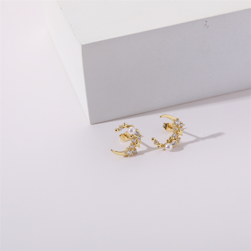 Fashion Star Moon Copper Plating Zircon Ear Studs 1 Pair