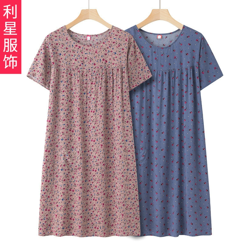 Хлопковая шелковая ночная рубашка с короткими рукавами для среднего и пожилого возраста, женская новая Пижама, летняя тонкая свободная одежда из искусственного хлопка для мам, летнее платье