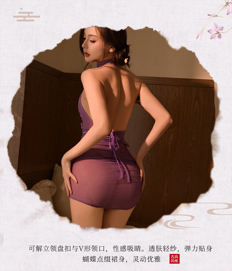 Purple Sheer Mesh Cheongsam-Style Lingerie Set with Mini Skirt, Shorts and Fishnet Stockings — detail image 3