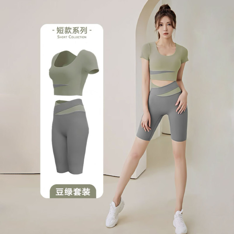 色合わせ半袖ヨガ服セット女性春夏露臍短い上着ヒップパンツランニングトレーニング服|undefined
