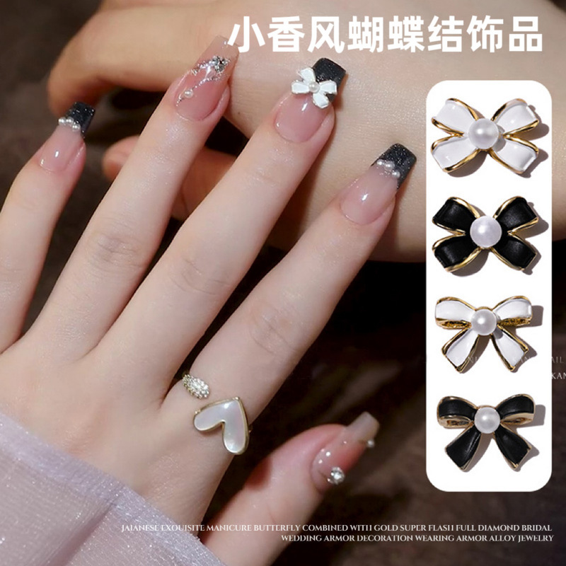 Small Fragrant Style Bow Nail Art Accessories Internet Celebrity Pearl Bow Simple Black and White French Nail Rhinestones Wholesale