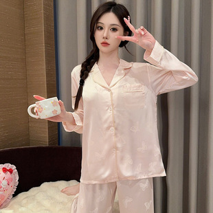 Autumn New Ice Silk Thin Long Sleeve suit Solid Color Pajamas Women's Spring Home Clothes Women's Waisted Thin