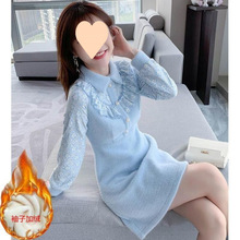 加绒加厚2025秋冬新款女修身娃娃领针织毛呢连衣裙小个子打底短裙