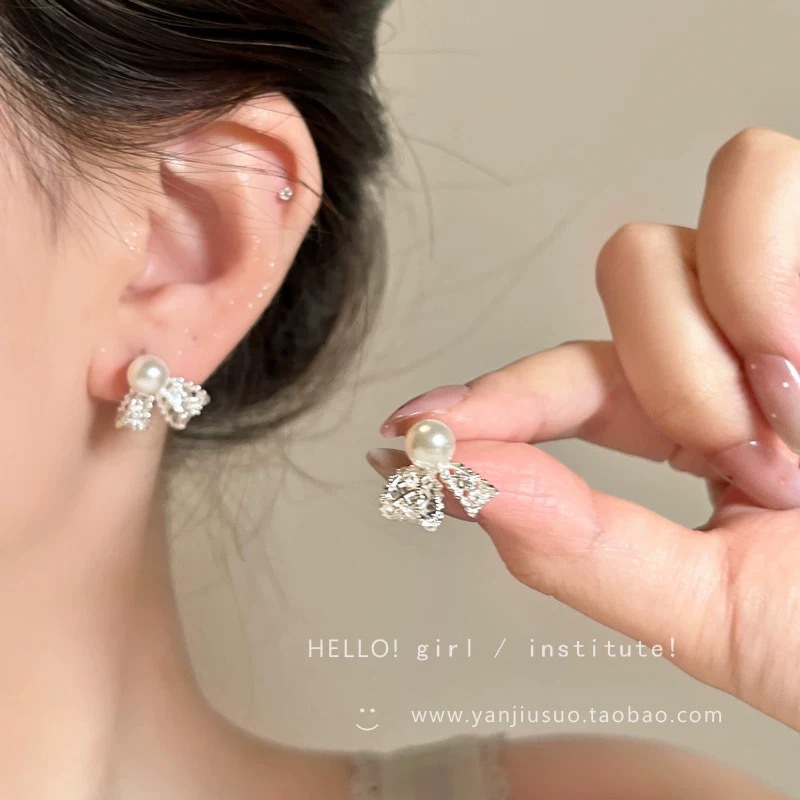 63# silver pearl lace bow earrings