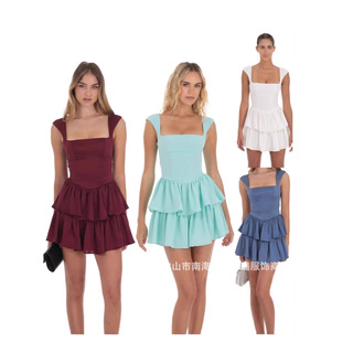 Cross-border European and American Sexy Dress dress Square Collar Sling Chest Tight Hem Double-layer Pleated Short Party Dress