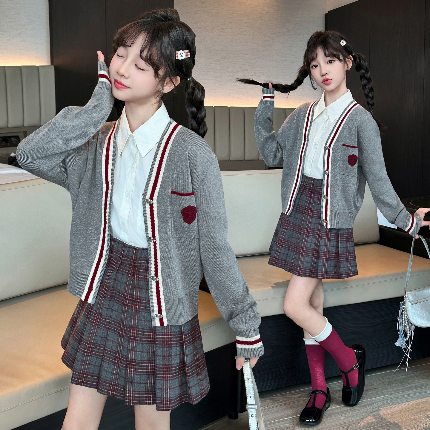 女童秋装套装2025新款女大童学院风开衫儿童秋季时髦裙子洋气半裙