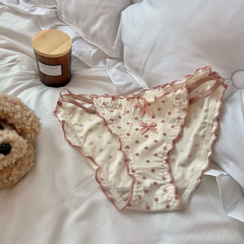 白茶の猫の乳のフフの優しい波のポイントの女性の下着の甘くてかわいい蝶結びの木の耳元の三角の下着の女性|undefined